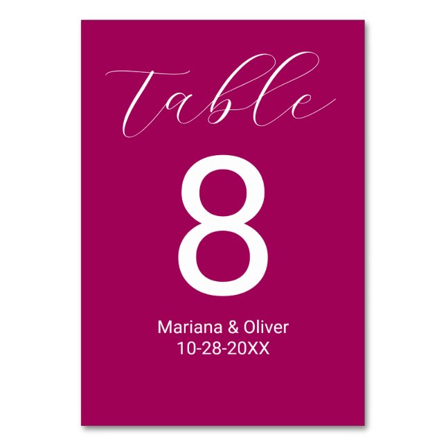 Elegant Calligraphy Script Magenta Wedding Tischnummer (Vorderseite)