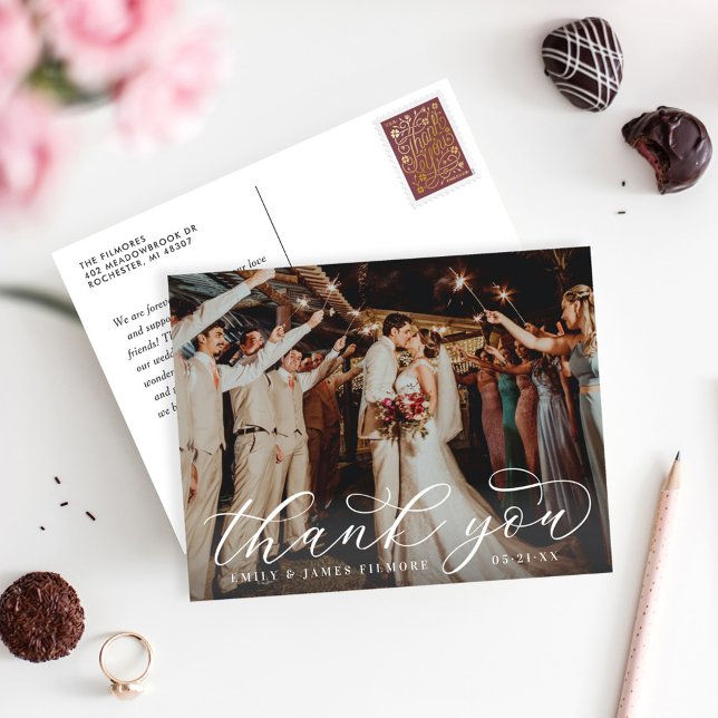 Elegant Calligraphy Script Wedding Foto Thank You Postkarte (Von Creator hochgeladen)