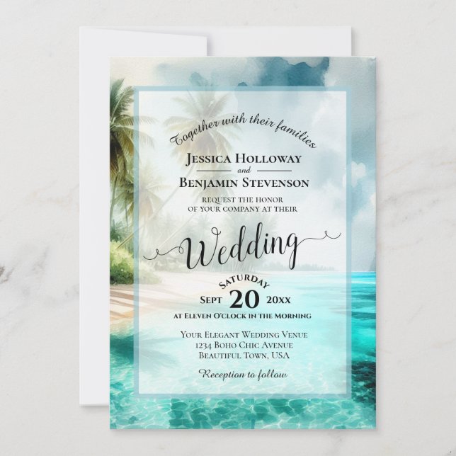 Elegant Calligraphy Tropical Beach QR Code Wedding Einladung (Vorderseite)