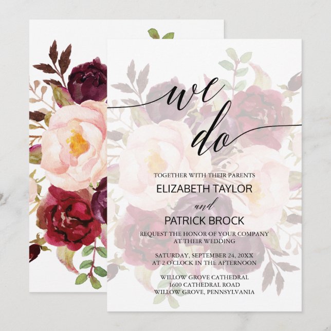 Elegant Calligraphy | Verblasste Blume wir Hochzei Einladung (Vorne/Hinten)