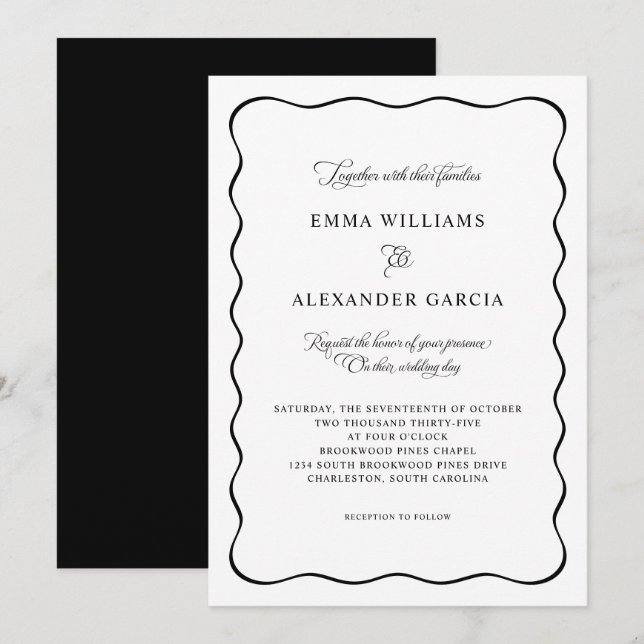 Elegant Calligraphy Wedding Black Wavy Border Einladung (Vorne/Hinten)