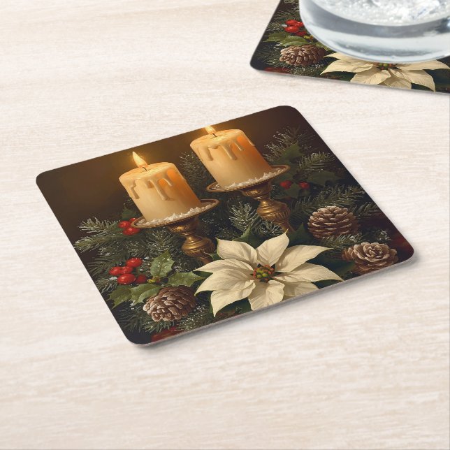 Elegant candle Christmas holly pine warm festive  Rechteckiger Pappuntersetzer (angewinkelt)