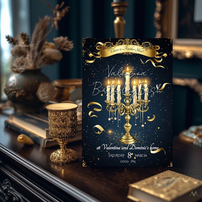Elegant Candlelight Geburtstag | Gold und Navy Einladung (Von Creator hochgeladen)