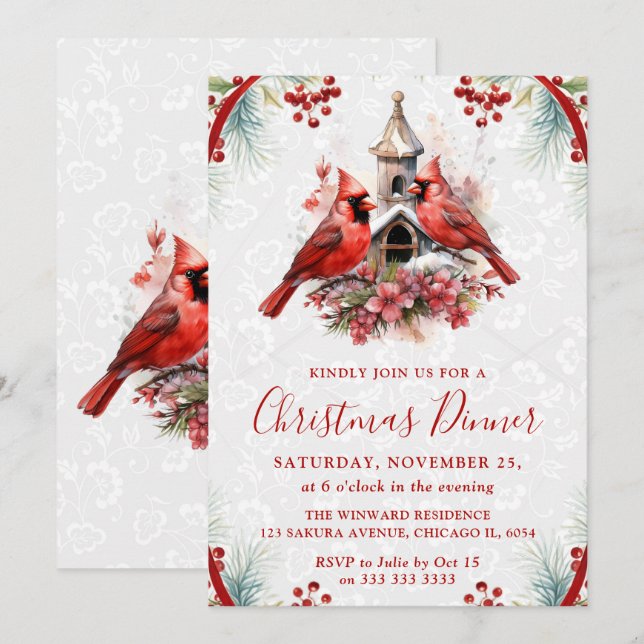 Elegant Cardinal Christmas Dinner Invitation Einladung (Vorne/Hinten)
