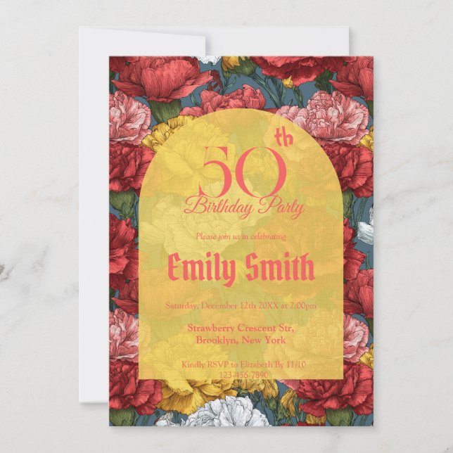 Elegant Carnation Themed Milestone Birthday Einladung (Vorderseite)
