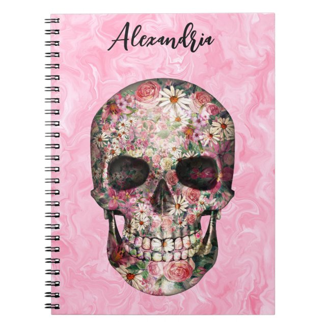 Élégant Carnet de crâne floral Boho rose (Devant)