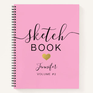 Élégant carnet de croquis Nom du coeur Script Rose