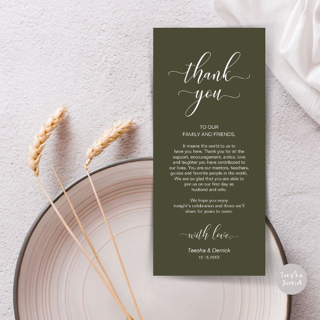 Elégant Carte de remerciements De Cadre De Mariage (Wedding Dinner Place Setting Thank You Card, in Modern Classy, Olive Green)
