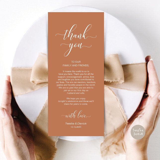 Elégant Carte de remerciements De Cadre De Mariage (Wedding Dinner Place Setting Thank You Card, in Modern Classy, Copper Rust Brown)