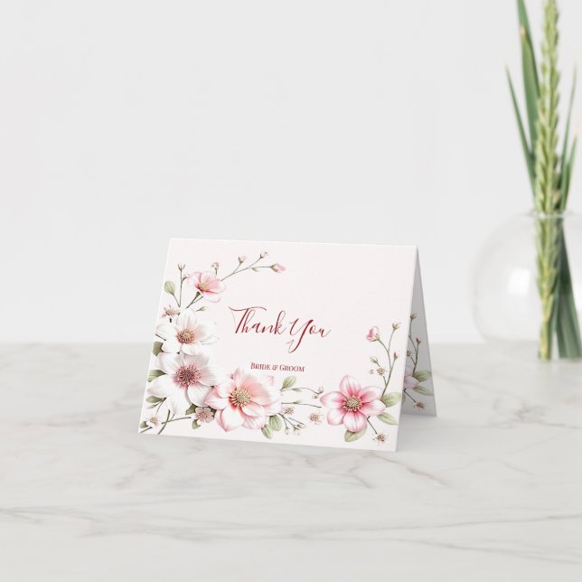Élégant Carte de remerciements floral blanc rose (Devant)