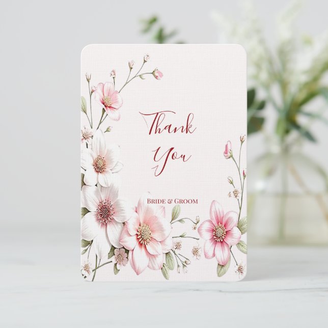 Élégant Carte de remerciements floral blanc rose (Debout devant)