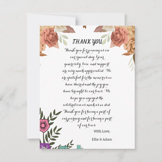Élégant Carte de remerciements Mariage floral (Devant)