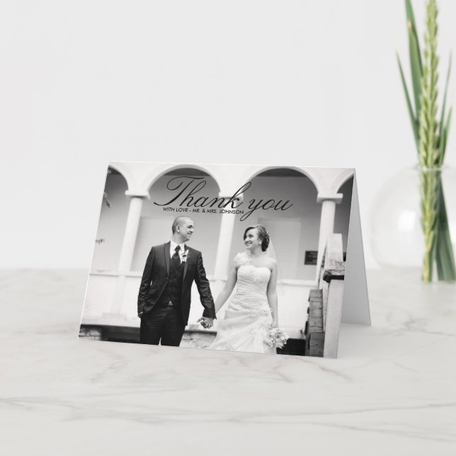 Élégant Carte de remerciements Mariage noir et bla (Devant)