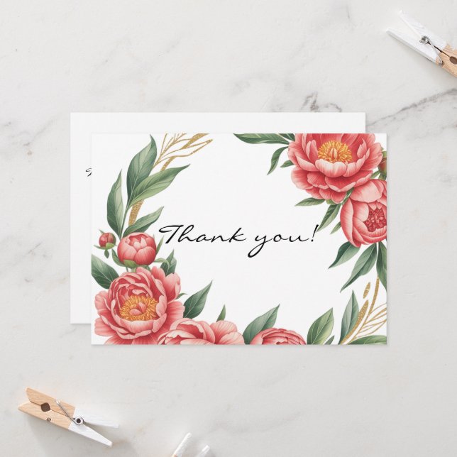 Elégant Carte de remerciements Mariage Peony Orang (Devant/Arrière en situation)