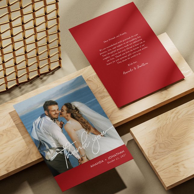 Élégant Carte de remerciements Mariage photo rouge (Elegant Red Wedding Thank You Card Personalized)