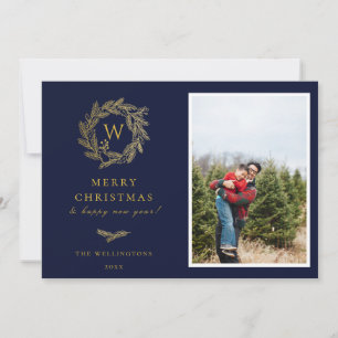 Élégant Carte photo de vacances en or Wreath Monog