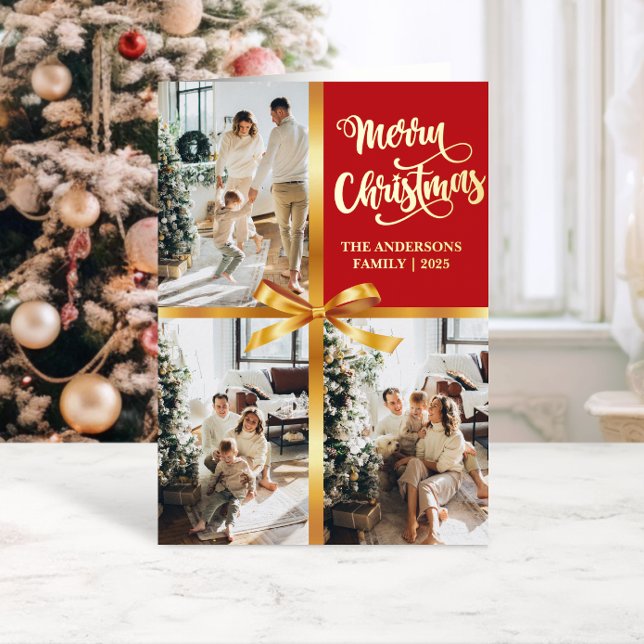 Élégant Carte photo Red Merry Christmas Gold Bow (Créateur téléchargé)