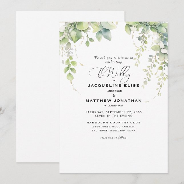 Elegant Cascading Greenerenerity Wedding Einladung (Vorne/Hinten)