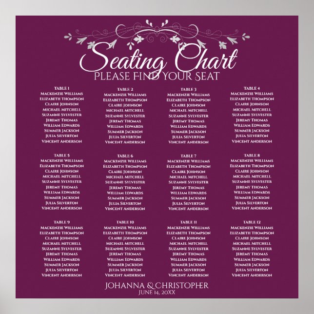 Elegant Cassis 12 Table Wedding Seating Chart Poster (Vorne)