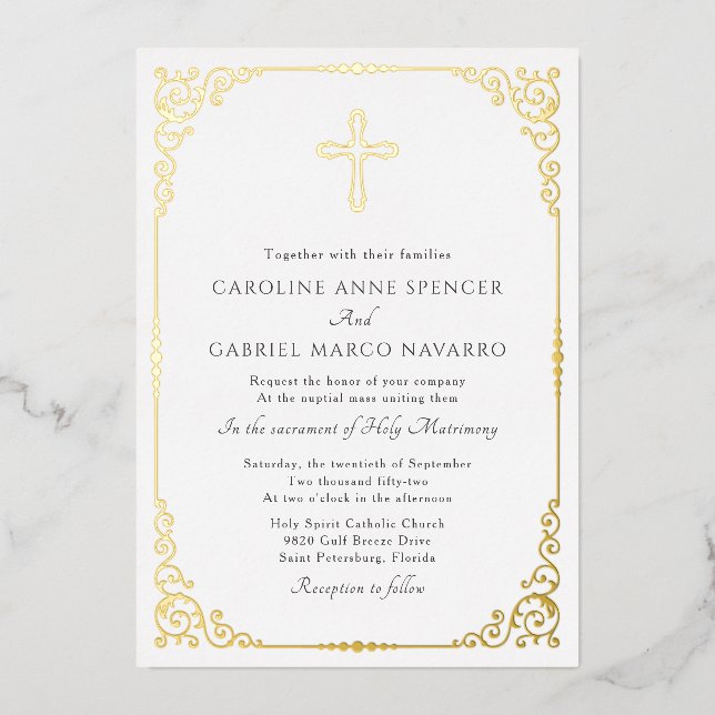 Elegant Catholic Mass Wedding Folieneinladung (Vorderseite)