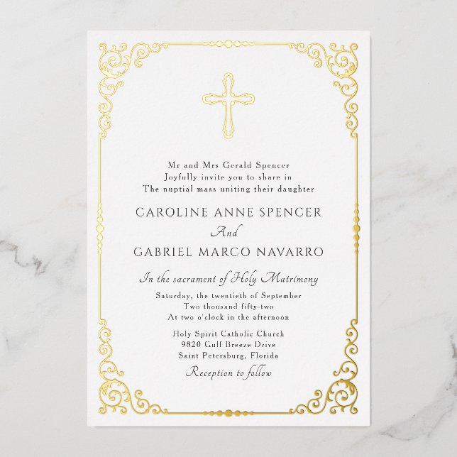Elegant Catholic Mass Wedding Folieneinladung (Vorderseite)