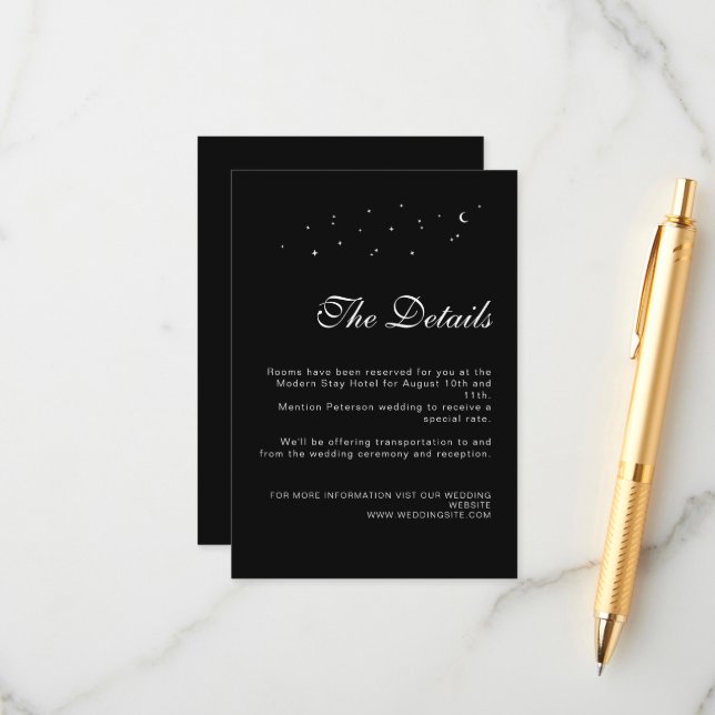 Elegant Celestial Minimal Black Wedding Details Begleitkarte (Vorderseite/Rückseite Beispiel)