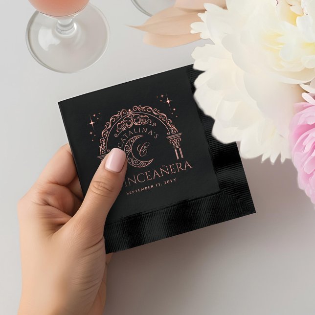Elegant Celestial Moon Tiara Quinceanera Monogram Servietten Mit Folie (Elegant Celestial Moon Tiara Quinceanera Monogram Foil Napkins)