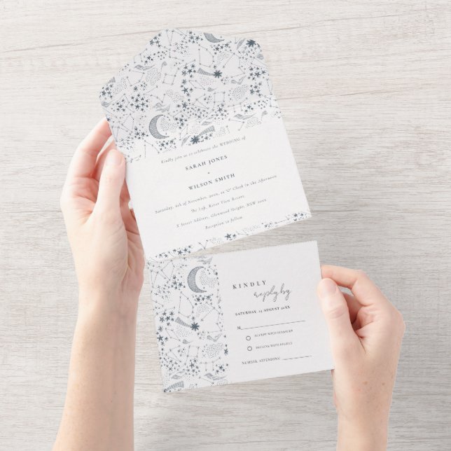Elegant Celestial Navy Starry Night Moon Wedding All In One Einladung (Abreißen)