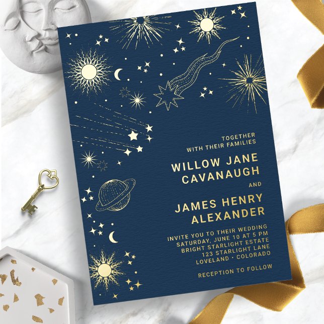 Elegant Celestial Wedding Folieneinladung (Navy Blue and Gold Elegant Celestial Wedding Foil Invitation
)