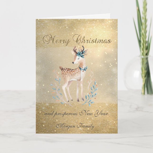 Elégant, Cerf de Noël, Glitterie, Carte de vacance (Devant)
