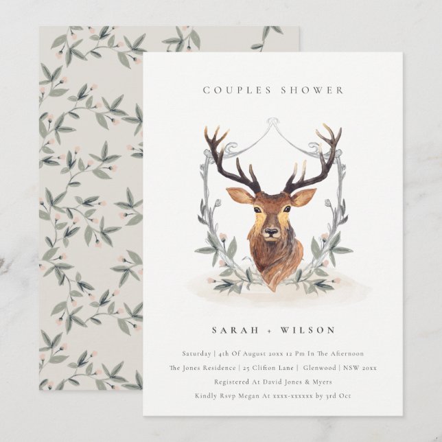 Elégant Cerf Floral Crest Couples Invitation douch (Devant / Derrière)