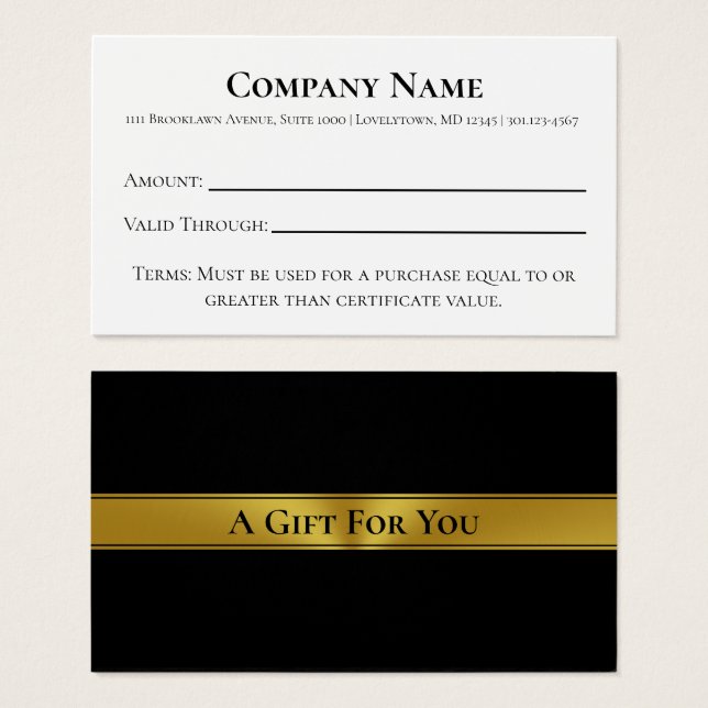 Élégant certificat cadeau Black White & Gold (Devant & derrière)