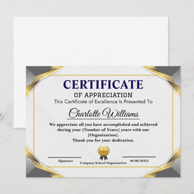 Elegant Certificate of Appreciation Award Template Begleitkarte (Vorne/Hinten)