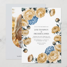 Elegant Champagne and Dusty Blue Floral Wedding Einladung