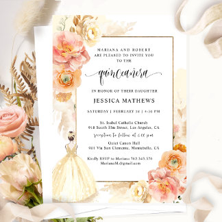 Elegant Champagne Floral Prinzessin Quinceañera Einladung