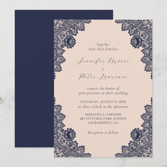 Elegant Champagne Navy Blue Lace Wedding Einladung (Vorne/Hinten)