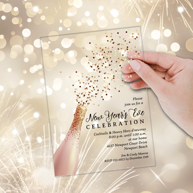 Elegant Champagne New Year's Eve Acryleinladungen (Elegant Champagne bottle and sequin spray New Year's Eve ACRYLIC party invitations, CLEAR or FROSTED)