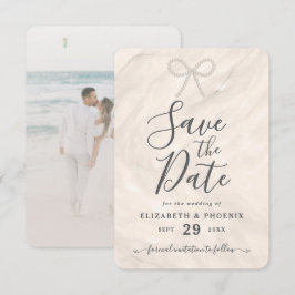 Elegant Champagne Pearl Bow Custom Photo Wedding Save The Date