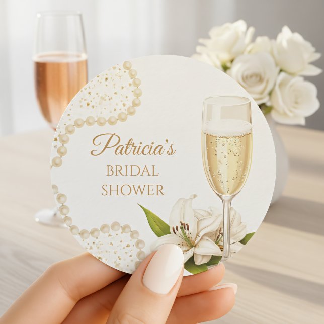 Elegant Champagne Pearls & Prosecco Bridal Shower Runder Aufkleber (Von Creator hochgeladen)