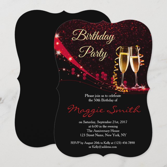 Élégant Champagne Rouge Invitation de fête d'anniv (Devant / Derrière)