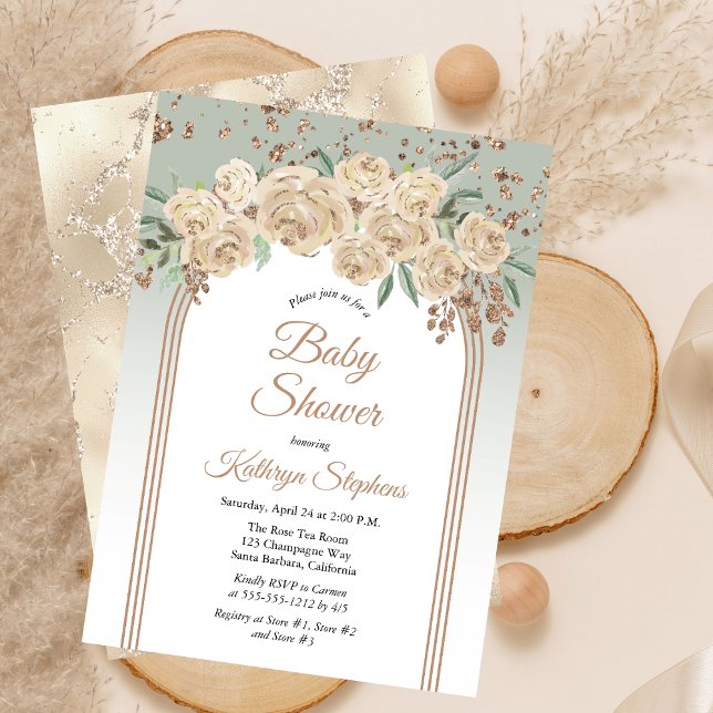 Elegant Champagne | Sage Floral Baby Dusche Einladung (Elegant Champagne Roses and Sage Green Floral with Faux Rose Gold Glitter Baby Shower Invitation)
