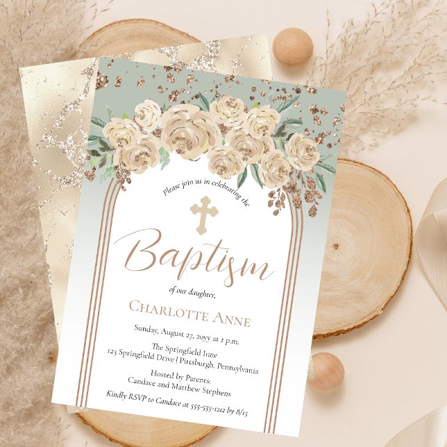 Elegant Champagne | Sage Floral Baptisk Einladung (Elegant Champagne Roses and Sage Floral Baptism Invitation)