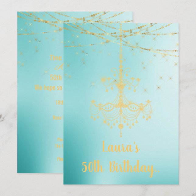 ELEGANT CHANDELIER online Custom BIRTHDAY AQUA Einladung (Vorne/Hinten)