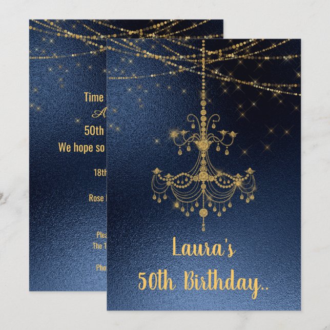 ELEGANT CHANDELIER online Custom BIRTHDAY Navy Einladung (Vorne/Hinten)