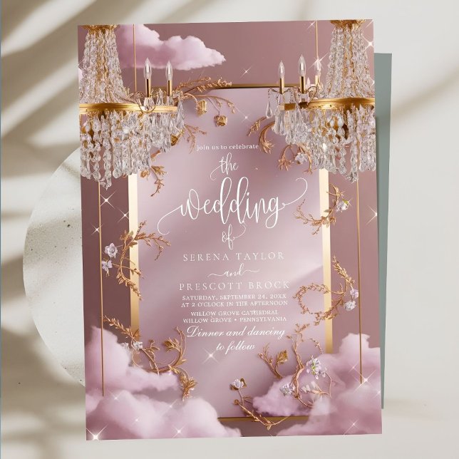 Elegant Chandelier Pink Clouds Wedding Einladung (Von Creator hochgeladen)