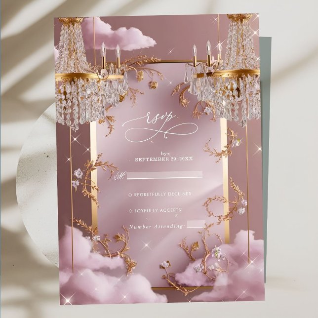 Elegant Chandelier Pink Clouds Wedding RSVP Karte (Von Creator hochgeladen)
