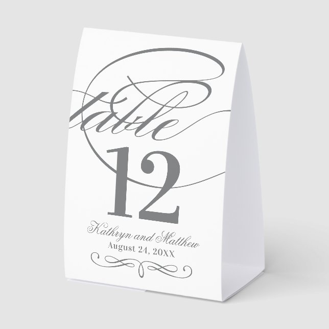 Elegant Charcoal Gray Calligraphy Script Wedding Tischaufsteller (Vorderseite)