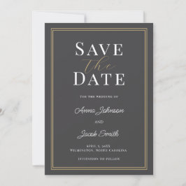 Elegant Charcoal Gray Gold Double Border Wedding  Save The Date