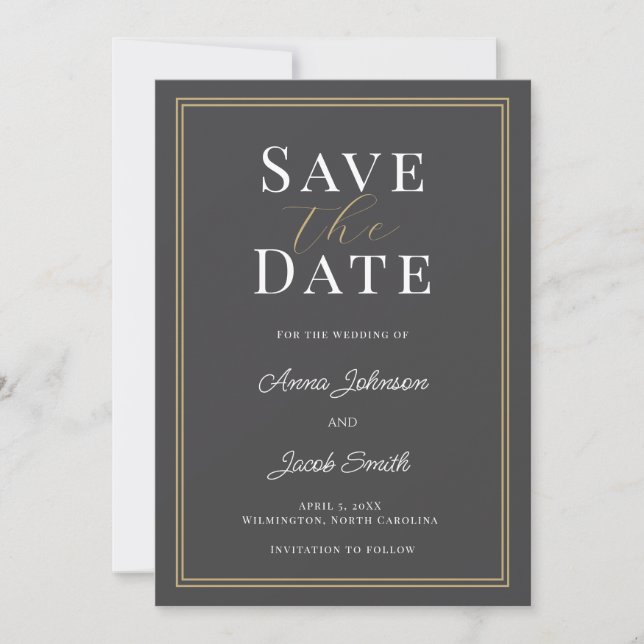 Elegant Charcoal Gray Gold Double Border Wedding  Save The Date (Vorderseite)