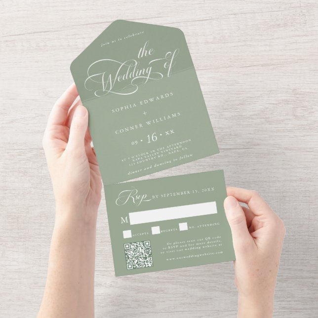 Elegant Charm Script Wedding Sage Green All In One Einladung (Abreißen)